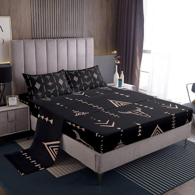 Bull Skull Bed Sheets Set King Boho Sheet Set Ethnic Horns Bohemian Sheets Brown Tribal Symbol Mysterious Aztec Bedroom Decor Abstract Geometric Flat Fitted Sheet for Men Boys