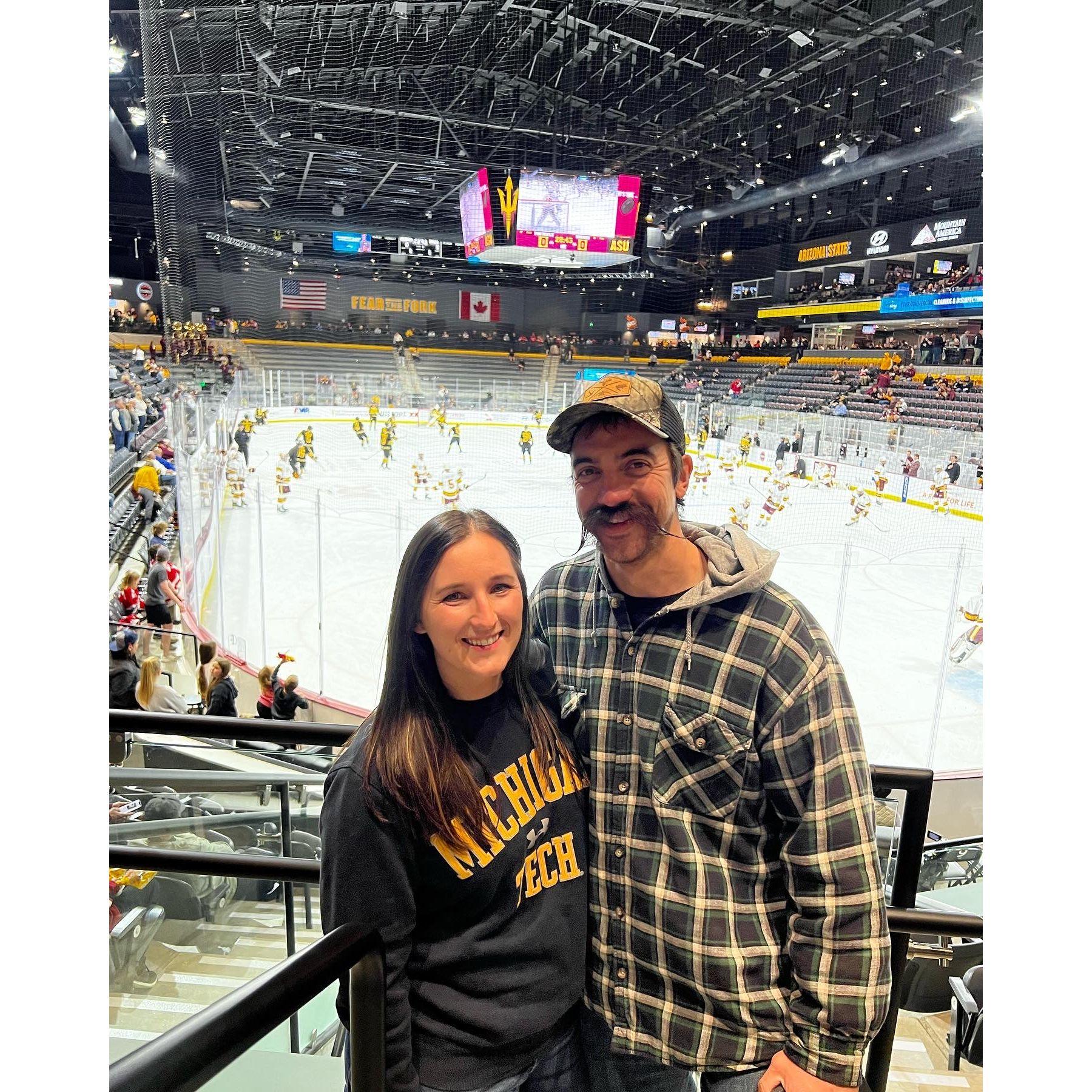 Cheering on Erika's alma mater, Michigan Tech when they played ASU in hockey