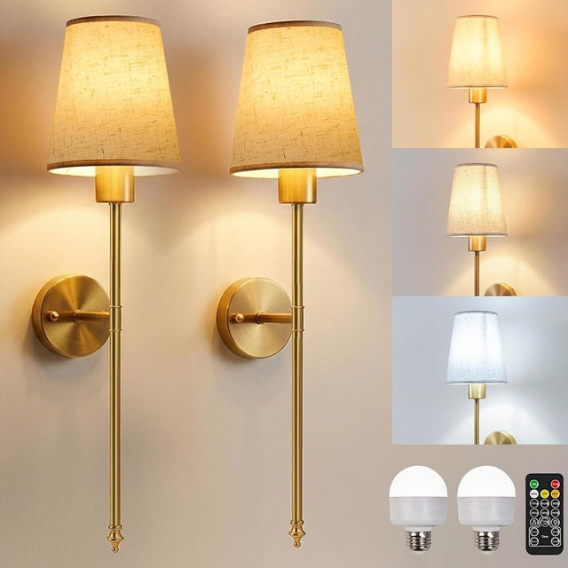 Battery Operated Wall Sconces Set of 2, Wireless Rechargeable Wall Lights with Remote, 5200mAh Dimmable LED Bulbs, 3 Color Temperatures, Gold Wall Sconce for Bedroom, Living Room, Hallway, 24 Inch