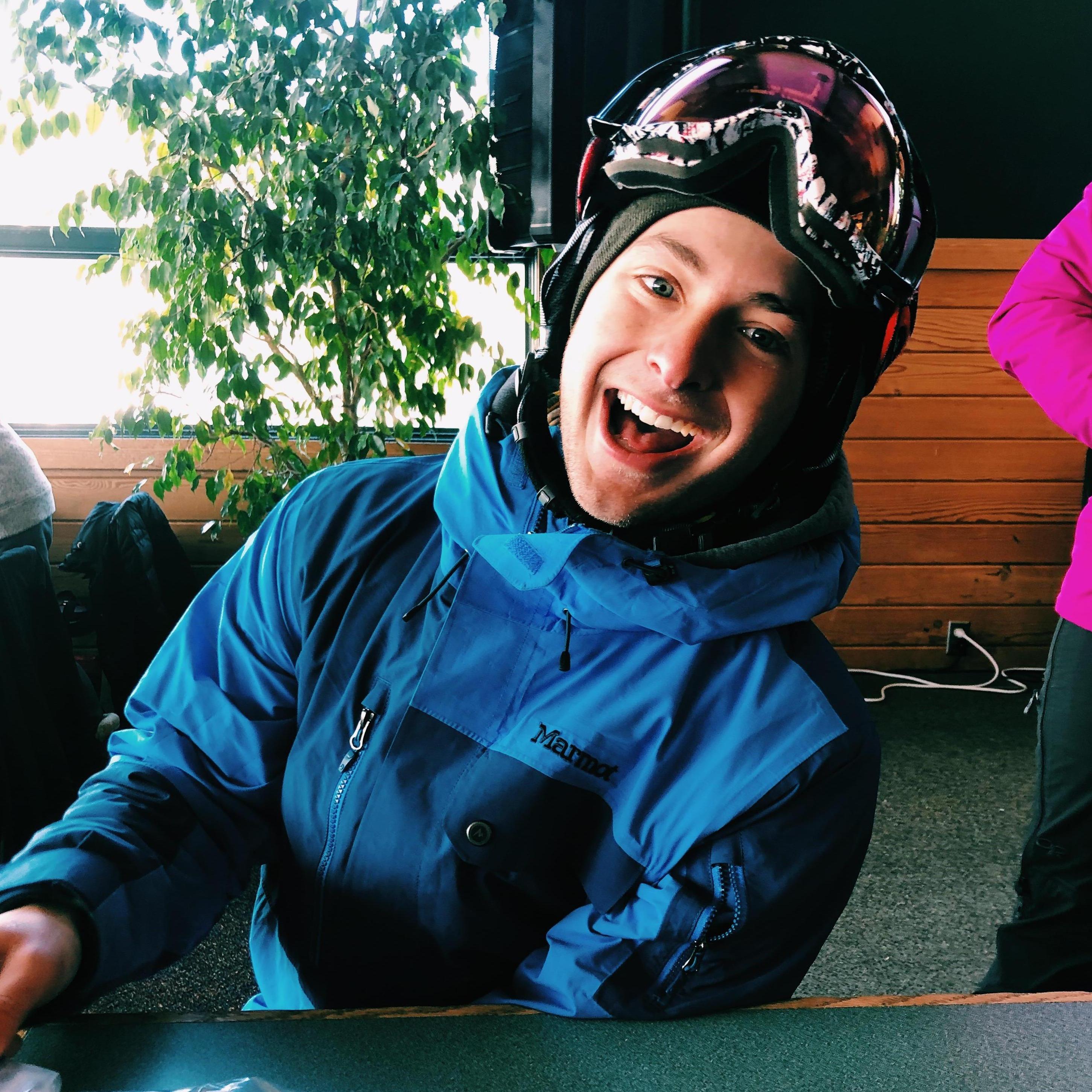 Our first day of skiing together, eating PB and Js!
