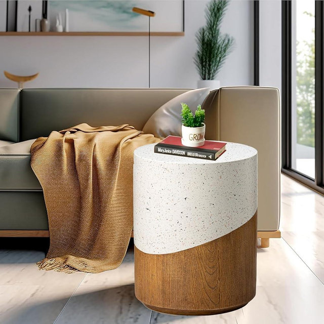Glitzhome Antique Accent Side Table, MGO Faux Terrazzo Contrasted with Faux Wood Planter Stand, End, Bedside Table and Nightstand, for The Living Room, Bedroom