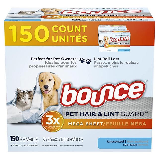 Bounce Pet Hair and Lint Guard Mega Fabric Softener Dryer Sheets with 3X Pet Hair Fighters, Unscented, 150 Count