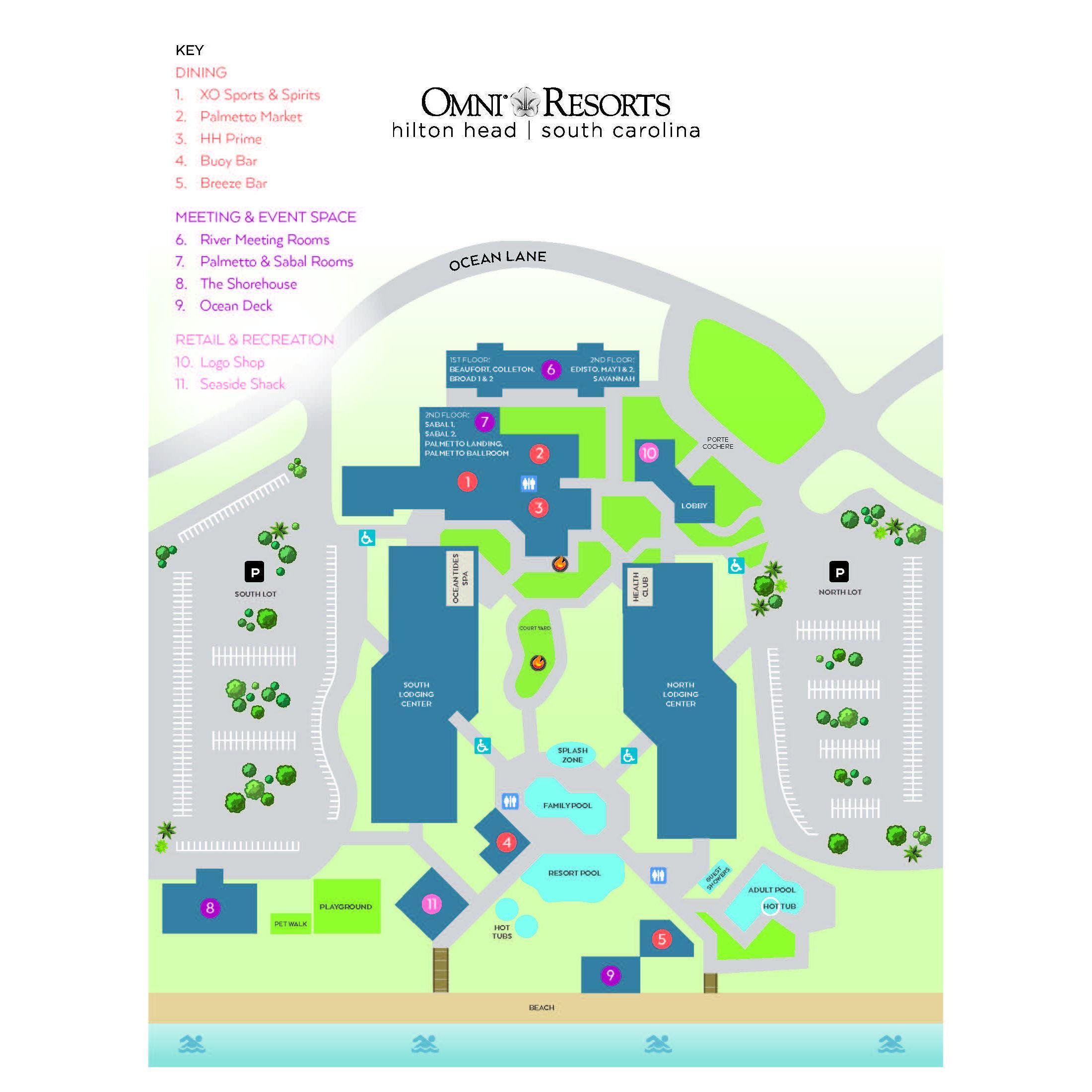 Please familiarize yourself with the resort. The welcome party will take place at #5, the reception will take place at #8, and for the wedding party and out-of-town family, the brunch will take place in the courtyard outside #3!