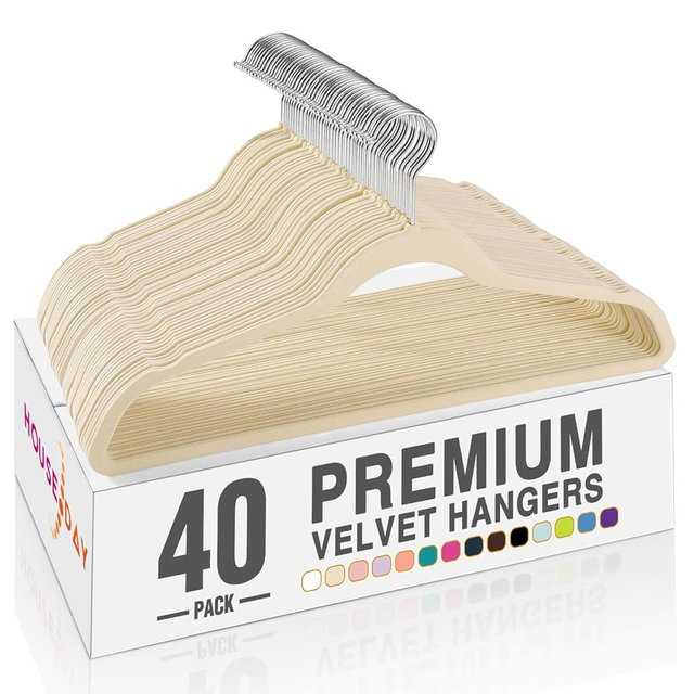 HOUSE DAY Beige Velvet Hangers 40 Pack, Non Slip Clothes Felt Hanger Heavy Duty for Coat, Premium Slim Space Saving Suit Hangers for Closet Organizer, 360° Rotating Silver Hook