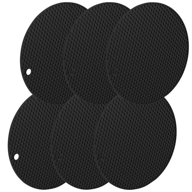 Silicone Trivet Mats for Hot Dishes, 6 Heat Resistant Hot Pads,Pot Holders for Opening Heavy Duty Lids Food Grade Silicone & BPA Free (Black)