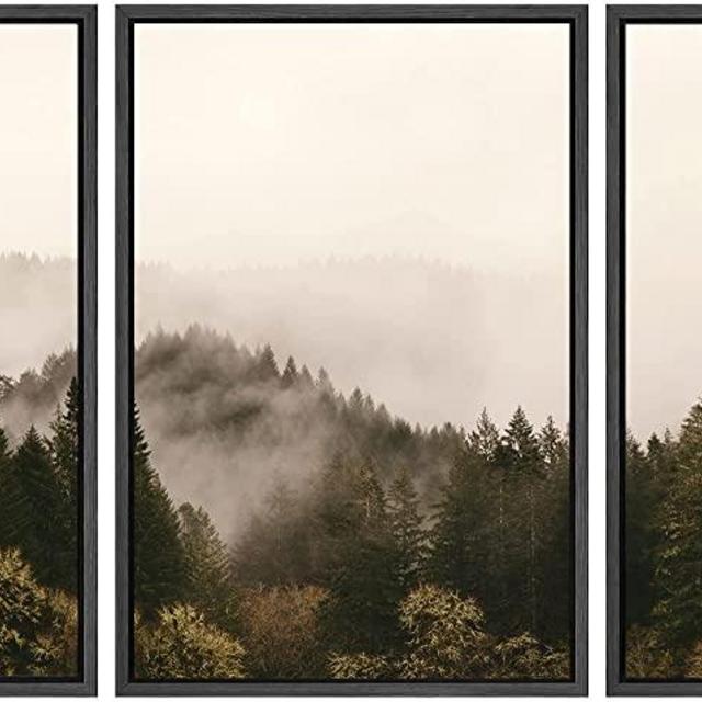 SIGNWIN 3 Piece Framed Canvas Wall Art Brown Foggy Mountains Nature Wilderness Photography Abstract Rustic Canvas Prints Home Artwork Decoration for Living Room,Bedroom - 16"x24"x3 Panels