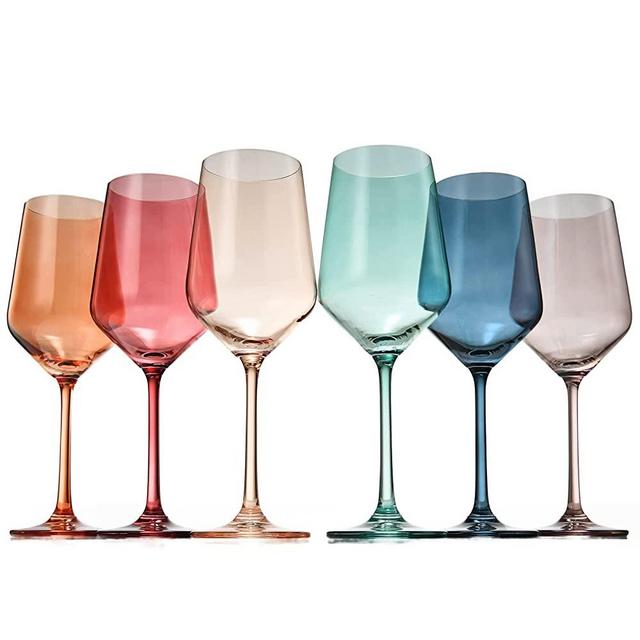 Colored Crystal Wine Glass Set of 6, Gift For Him, Her, Wife, Friend - Large 12 oz Glasses, Unique Italian Style Tall Drinkware - Red & White, Dinner, Color Beautiful Glassware - (Pastel)