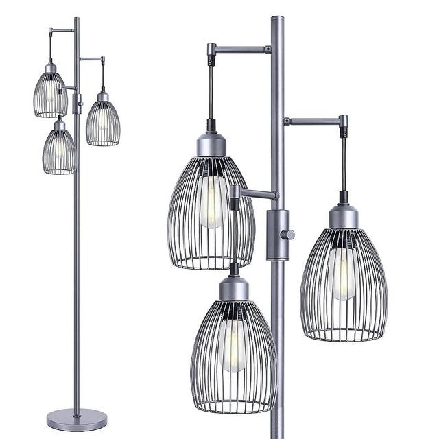 Nintiue Dimmable Floor Lamp, 3 x 800LM LED Edison Bulbs Included, Industrial Floor Lamp Standing Tree Lamp with Elegant Teardrop Cage Heads Tall Lamps for Living Room Bedroom-Grey