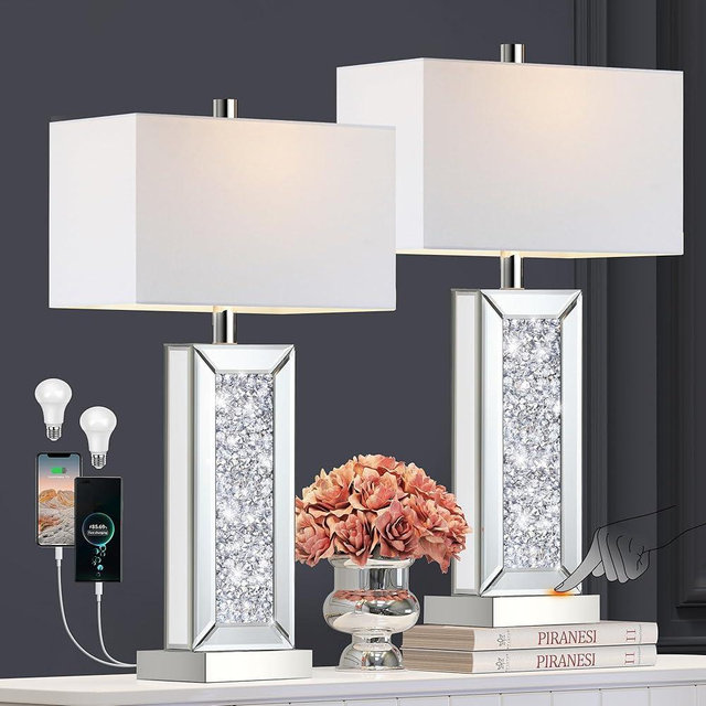 Modern Table Lamp Set of 2 Touch Control, Silver Mirror Big Diamond Crystal Bedside Lamp with USB C+A Ports, 3-Way Dimmable Mirrored Nightstand Lamps White Fabric Shade for Living Room Bedroom
