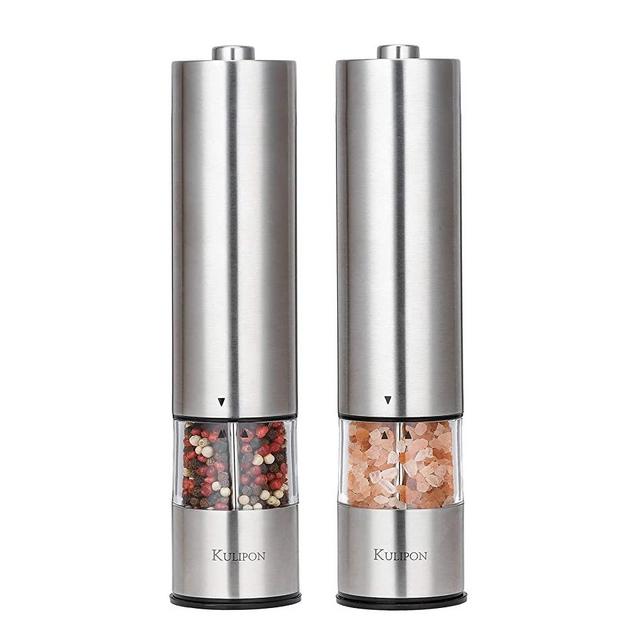 Electric Salt and Pepper Grinder Set-Battery Operated Stainless Steel Spice Mills with Light-One Handed Push Button Peppercorn Grinders and Sea Salt Mills
