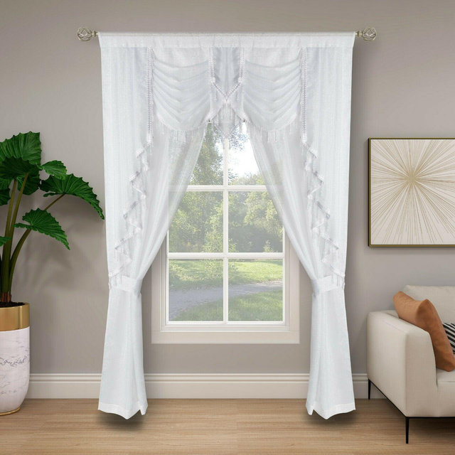 Kate Aurora Ultra Glam Beaded Sparkly Sheer Window in a Bag Curtain Set - 58 in. W x 84 in. L, White