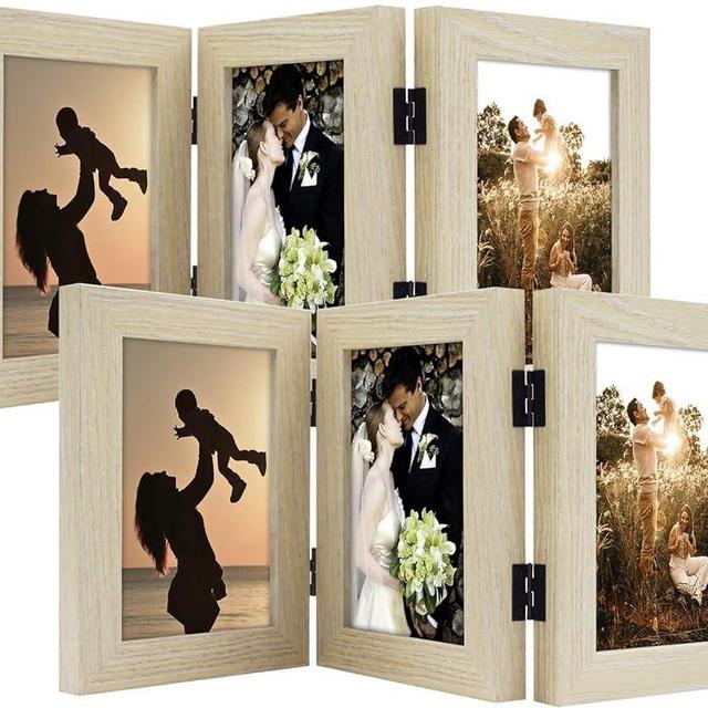 Golden State Art, 4x6 Three Picture Frame Trifold Hinged Photo Frame with 3 Openings, Desk Top Family Picture Collage, with Real Glass (4x6 Triple, Beige, 2-Pack)