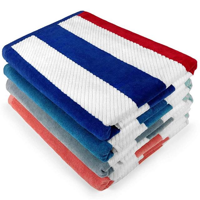 Kaufman - Multicolor Oversized Plush Premium Velour Texture Cabana Stripe Beach Towel 4-Pack, 32in x 62in, 100% USA Cotton.