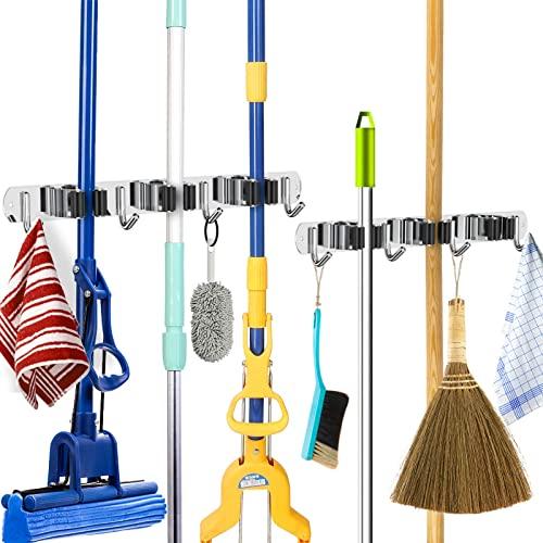 2 Pack Mop and Broom Holder Wall Mount, Broom Organizer Wall Mounted, Stainless Steel Storage Organizer Hooks, Heavy Duty Tools Hanger for Home, Kitchen, Garden, Garage, Laundry (3 Racks 4 Hooks)