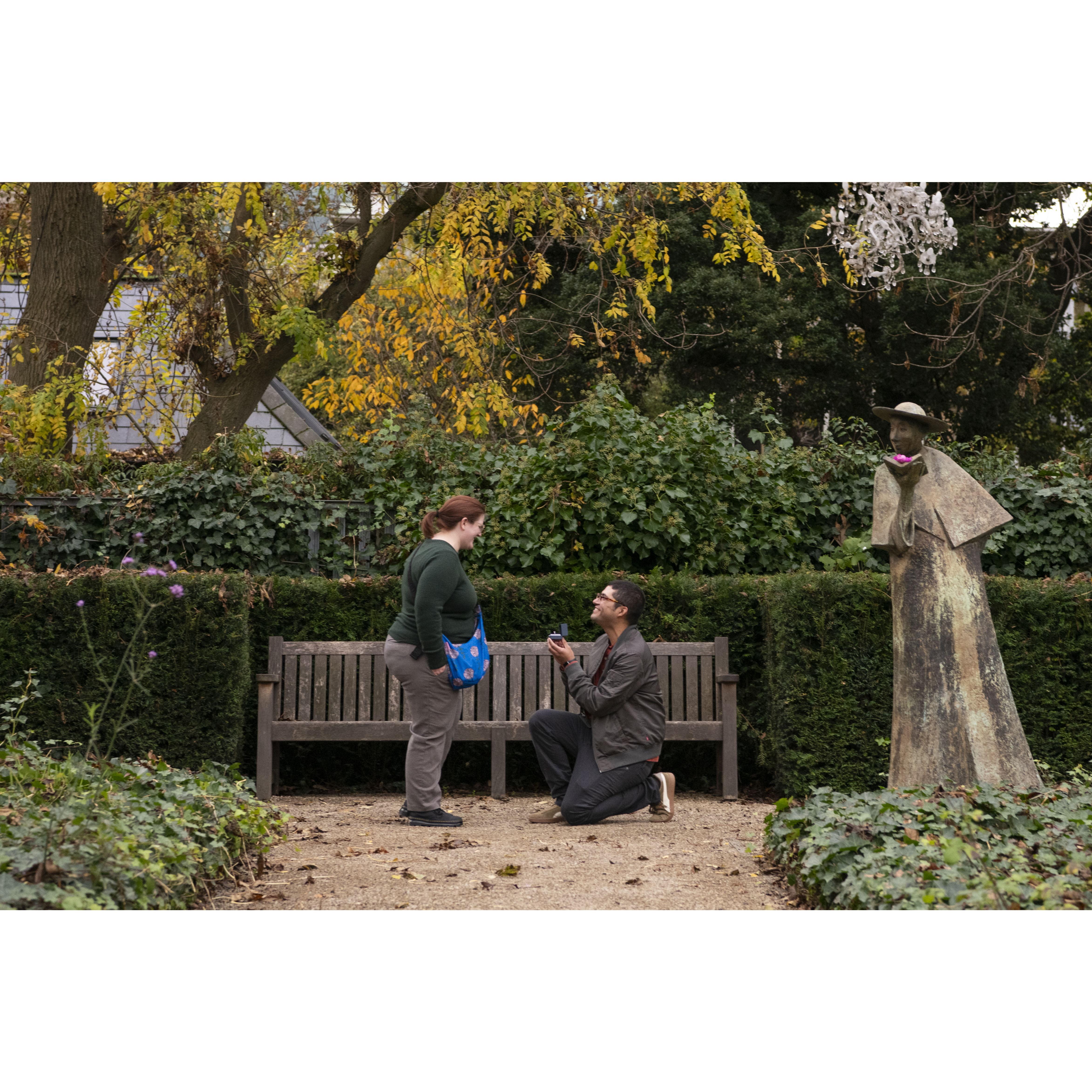 Mike proposing in the back garden of the Museum of Literature in Dublin