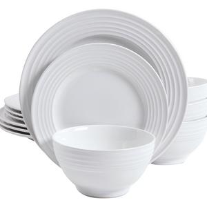 Gibson Home 12 Piece Plaza Cafe Round Dinnerware Set with Embossed Stoneware, White