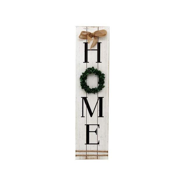 Parisloft Wooden Home Plaque with Green Wreath|Large Farmhouse Home Signs Plaque Wall Hanging Housewarming Home Decor for Mantle Living Room.
