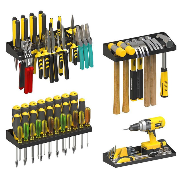 UNITEDPOWER Wall Mount Hand Tool Storage Set, Screwdriver Organizer, Pliers Holder, Hammer Rack, Metal Hardware Tray for Garage Workshop Workbench - 4 Pack