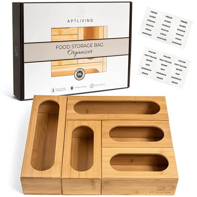 Ziploc Bag Storage Organizer - Store Plastic Ziploc Food Bags Conveniently In Food Storage Bag Holder In The Kitchen - Bamboo Baggie Organizer For Gallon Quart Sandwich Snack Size Variety Ziploc Bags