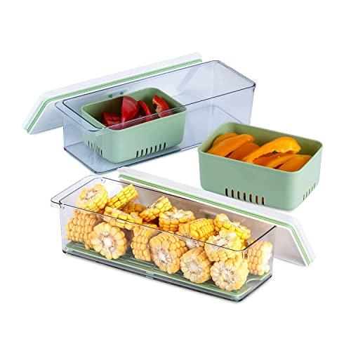 Lille Home Stackable Produce Saver, Organizer Bins/Storage Containers with Removable Drain Tray, Set of 2, for Refrigerators, Cabinets, Countertops and Pantry, BPA Free (Green, Set of 2)