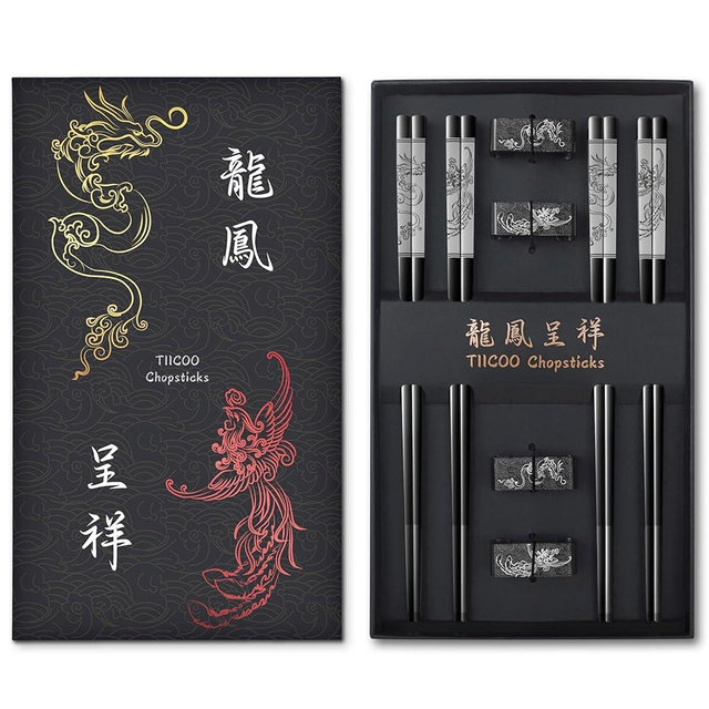 TIICOO Dragon & Phoenix Stainless Steel Chopsticks Set - 4 Pairs 18/8 (304) Metal Chopsticks with Holder - Chinese Traditional Gift Set, Non-Slip, Dishwasher Safe, Elegant Black Gift Box