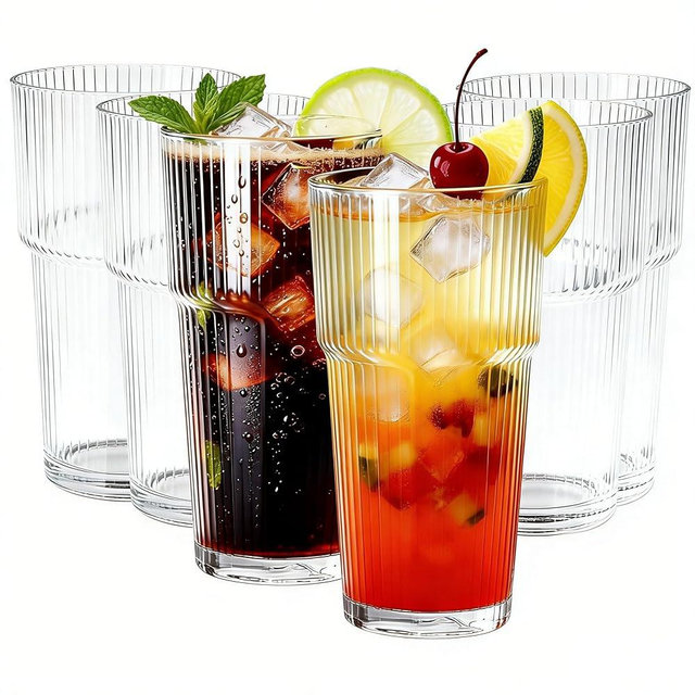 Etolies 6 Pack Ribbed Glass Tumblers, 18oz Glass Cups, Highball Glasses,Clear Glassware, Drinking Glasses for Iced Coffee, Water, Juice,Cocktails, Barware,Beer, Iced Tea