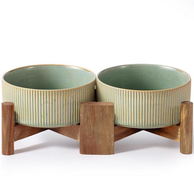 Getstar Ceramic Dog Bowls with Acacia Wood Stand, 30 fl oz, Set of 2, Dog Food Bowl, Cat Bowls (6.5 inches) (Vintage Green)