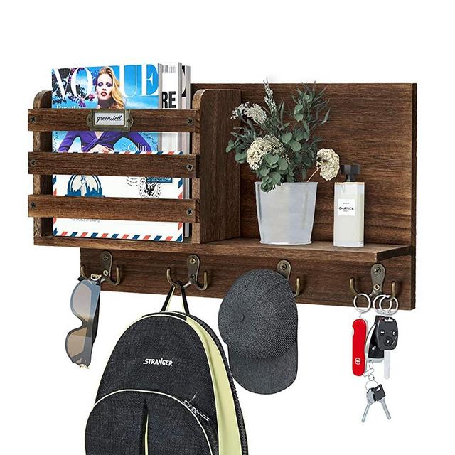 Greenstell Mail Sorter Organizer Wood Key Holder Organizer, Rustic Wall Mail Holder with Tags Frame & 4 Key Hook Rack for Entryroom, Mudroom, Hallway, Kitchen, Office Dark Brown