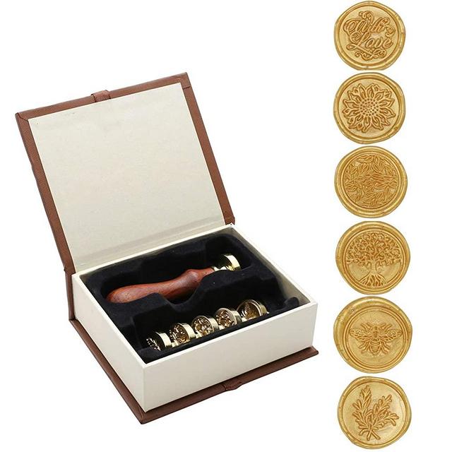 Wax Seal Stamp Set,Yoption 6 Pieces Sealing Wax Stamps Copper Seals + Wooden Hilt, Vintage Classical Initial Seal Wax Stamp Kit with Gift Box (Sunflower+Tree of Life+Bee+with Love+Rosemary+Leaves)