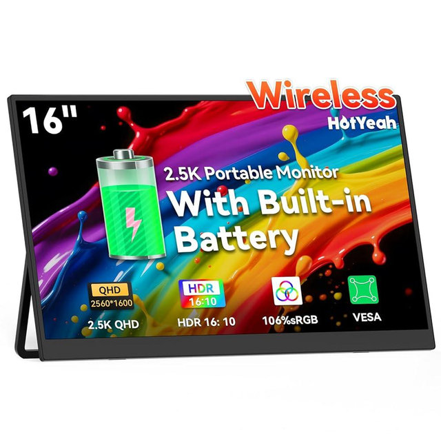 16" 2.5K Wireless Portable Monitor Battery-Powered, Support AirPlay Miracast, 2560×1600P IPS USB-C HDMI External Monitor, 2nd Screen for Laptop MacBook PC Phone Tablet, w/Built-in Battery(4- 5H)