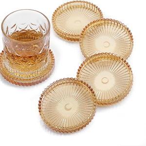 Modern Clear Coasters Set of 5- Glass Cute Coasters for Drinks Crystal Coaster Round Chic Cup Mat Cute Coffee Table Coaster for Kitchen, Bar, Dining Room, Living Room, Patio(Amber)