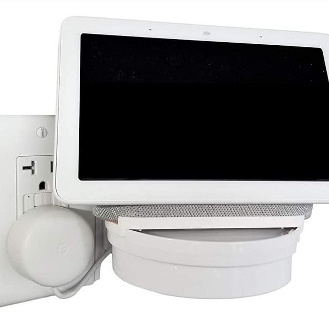 The Google Home Hub Nest Hub Mount for Kitchen and Bathroom Outlets. Full Swivel. Installs in Seconds. Hidden Cord Storage. Award Winning Design.