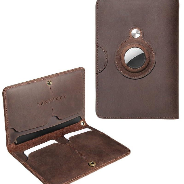 XGUO RFID Blocking Leather Passport Holder for Travel with AirTag Slot, Slim Passport Cover Travel Wallet for Women Men, Travel Must Haves Gifts (Dark Brown)