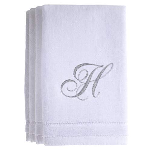Monogrammed Towels Fingertip, Personalized Gift, 11 x 18 Inches - Set of 4- Silver Embroidered Towel - Extra Absorbent 100% Cotton- Soft Velour Finish - For Bathroom/ Kitchen/ Spa- Initial H (White)
