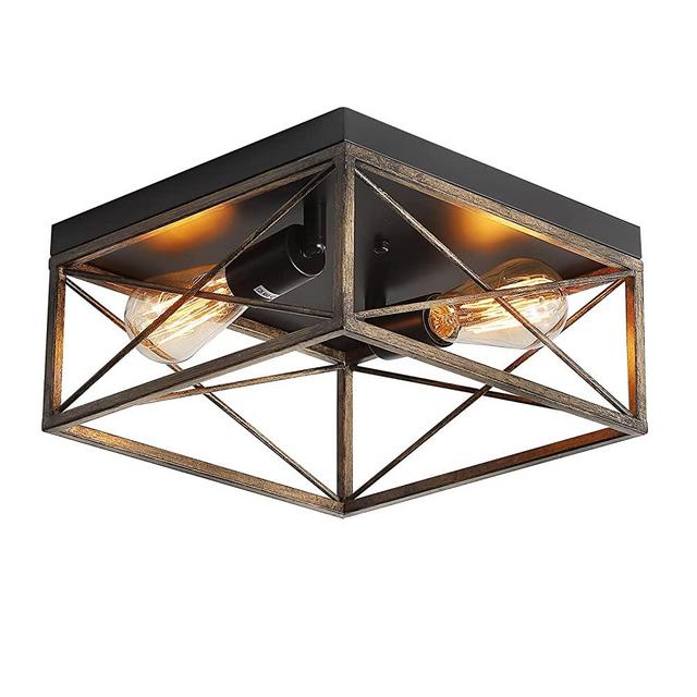 AIGU Farmhouse Ceiling Light 2-Light Retro Wood Finished Metal Flush Mount Light Fixture,Modern Open-Caged Industrial Dining Room Light for Garage Kitchen Island Study Hallway and Entrance