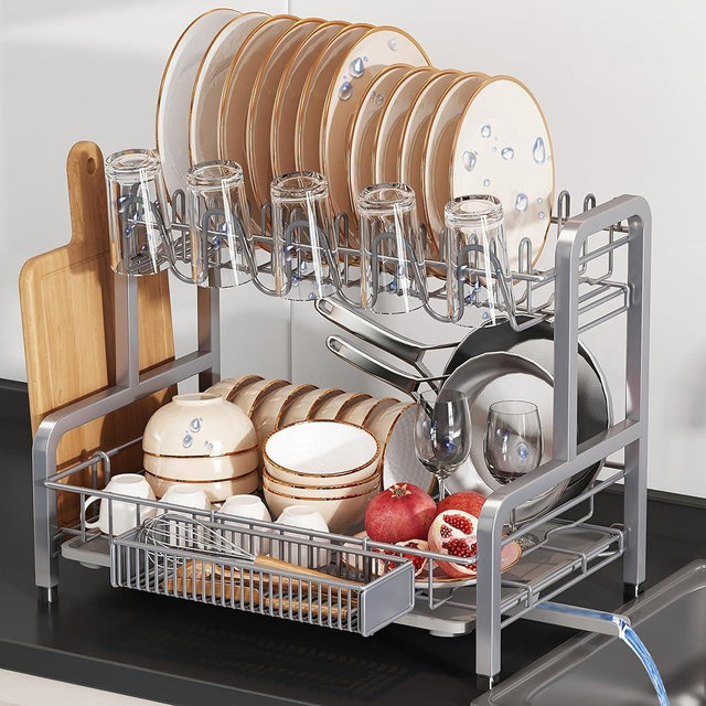 2 Tier Dish Drainers Drying Rack for Kitchen Counter Large Stainless Steel Dishes Drain with Drainboard, Space Saving, Big Modern Silver Countertop Metal Plates Dryer Strainer Holder and Extra Tray