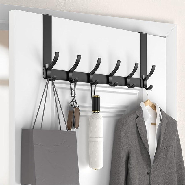 KitchLife Over The Door Hooks Hanger with 7 inches Extended Arms, Tool-Free Assembly, Fits 1 3/8" Doors, F18U, Bathroom Towel Rack Organization, Thickened 6-Double Hook, Matte Black