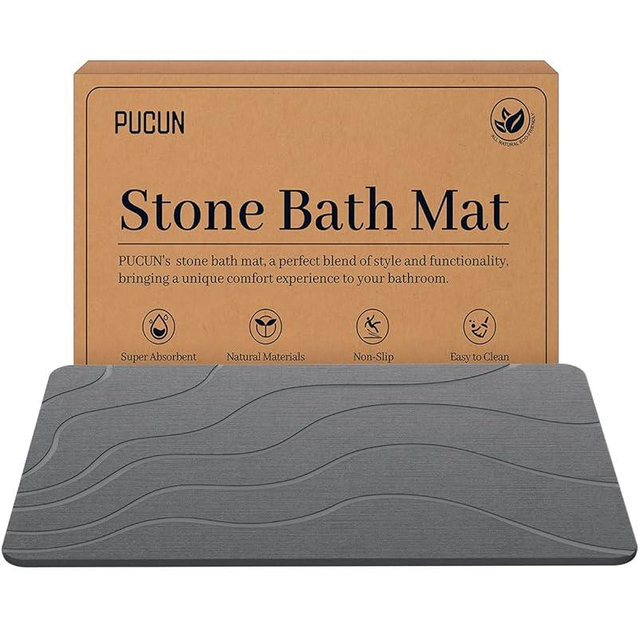 PUCUN Stone Bath Mat Diatomaceous Earth Non-Slip Stone Shower Mat,Quick Drying Diatomite Bath Stone Mat for Bathroom Floor -Super Absorbent,Natural, Easy to Clean(24×16" Grey)