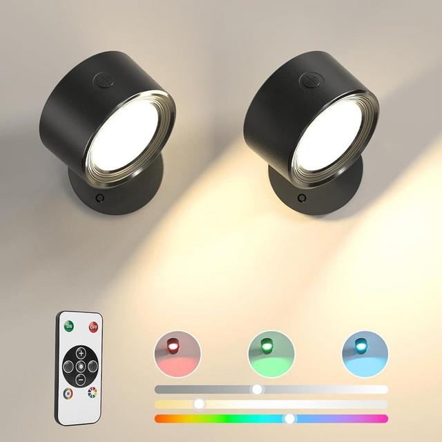 Lightbiz LED Wall Lights 2 Pcs with Remote, RGB Ambience Wall Sconces Lamp 3000mAh Rechargeable Battery Operated, 3 Color Temp & Dimmable Magnetic 360° Rotation Cordless Light for Living Room Bedside