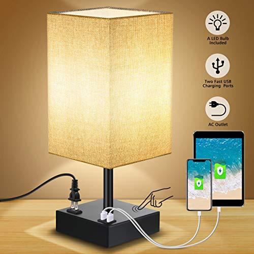Touch Control Table Lamp, SOLMORE 3 Way Dimmable Bedside Nightstand Lamp, with AC Outlet & 2 Charging USB Ports Fabric Shade Modern Lamp for Bedroom Office Living Room,60W Equivalent LED Bulb Included