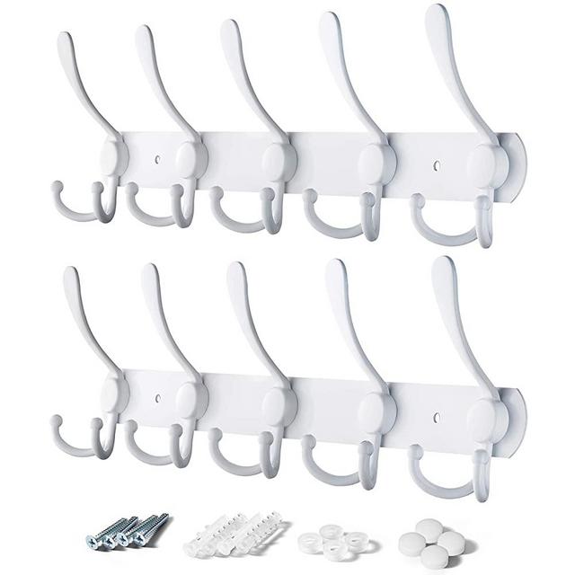 VASGOR 2pcs Heavy Duty Wall Mount Coat Hook, Stainless Steel Rack of 5 Tri Hooks for Coats, Towels, Purse Robes Keys and Hats Multi Purpose for Kitchen, Bedroom, Bathroom, Entryway (White)