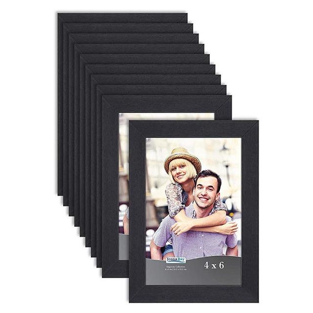 Icona Bay 4x6 Picture Frame Set (Black, 10 Pack), Simple Modern Design, Table Top Kickstand and Wall Hanging Hooks Included, Impresia Collection