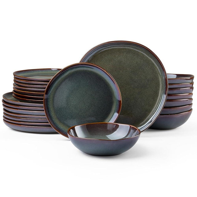 HaWare Dinnerware Sets, 24-Piece Stoneware Plates and Bowls Set, Dish Set for 8, Ceramic Dishware for Home Restaurant, Chip and Scratch Resistant, Microwave and Dishwasher Safe, Reactive Moss Green