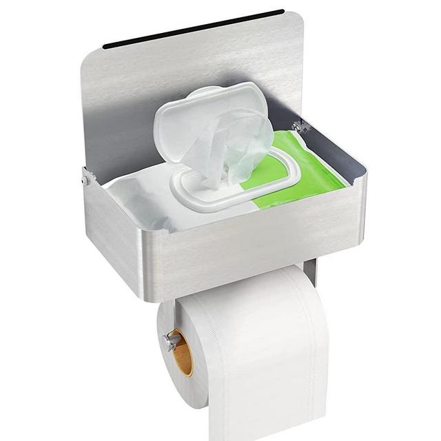 JUYSON Toilet Paper Holder with Shelf, Flushable Wipes Dispenser Fits for Bathroom Wipe Storage, Keep Your Wipes Hidden Out of Sight -SUS304 Stainless Steel Wall Mount Organizer ( Brushed Nickel )