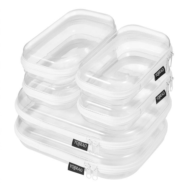 YQBRAO 6 Pack Clear Hard Shell Zipper Case (4 Small & 2 Medium), Hard Plastic Organizer Pouches for Travel, Small Items, Makeup, Electronics & Art Supplies - Crush-Resistant & Waterproof Storage