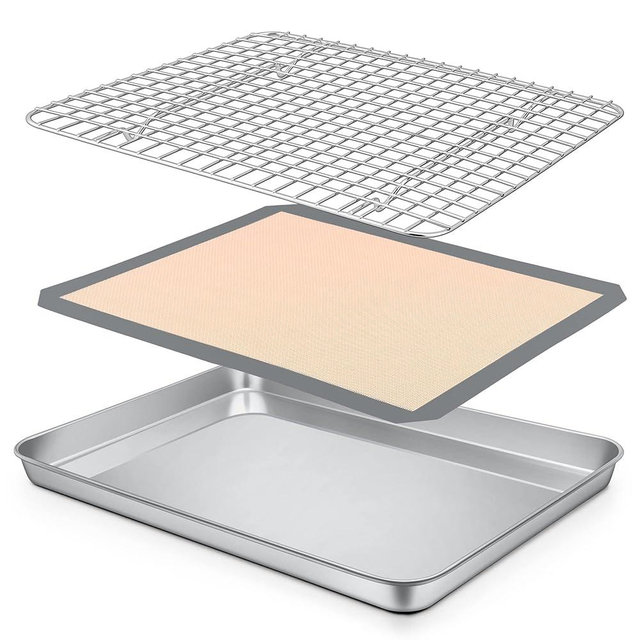 P&P CHEF 12.5 x 9.7 x 1 Inch Toaster Oven Pan with Grid Rack and Silicone Mat, Stainless Steel Toaster Oven Tray Baking Pan with Cooling Roasting Rack, Dishwasher Safe (3Pcs)