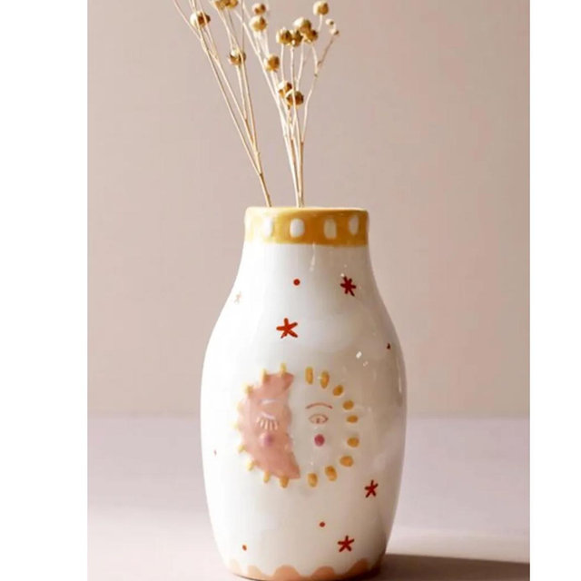 Unique Ceramic Vase, Cute Boho Decor, Small Cream Vase for Dried Flowers or Single Bud - Sun and Moon Face Design