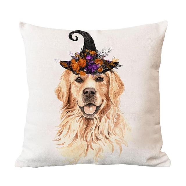 ArogGeld Decorative Pillow Case Golden Retriever Halloween Witch Cushion Covers Funny Night Party Happy Autumn Cover White Linen 18×18Inch for Living Room Bed Housewarming Gift (oh61l1s6nrtg)