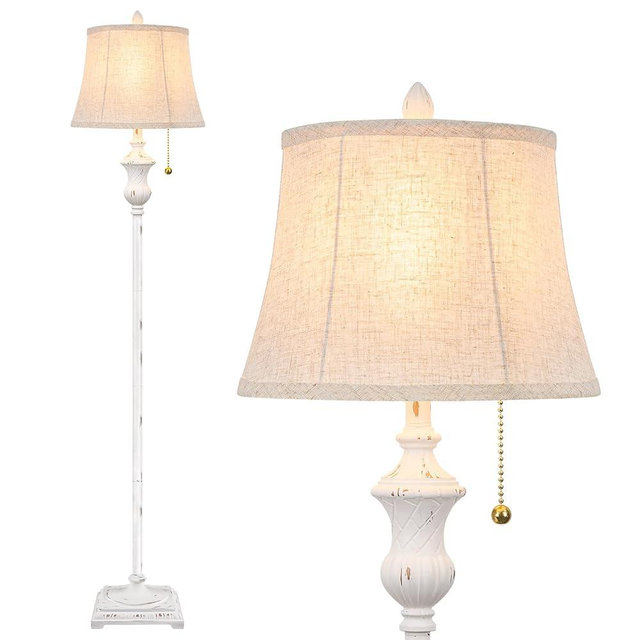 TOBUSA Rustic Vintage White Floor Lamp for Living Room Bedroom, 64inch Traditional Tall Floor Lamp with White Linen Shade, Retro LED Standing Pole Lamp Upright Floor Light for Home Decor, Pull Chain
