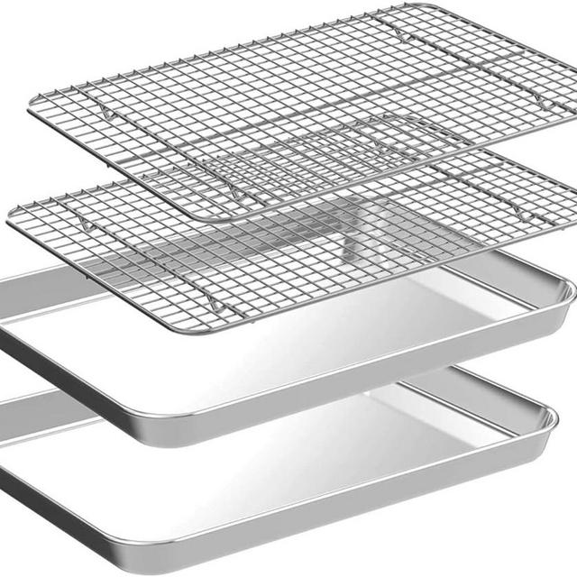 Jelly Roll Pan with Cooling Rack Set [2 Baking Pans + 2 Baking Racks], CEKEE Stainless Steel Baking Sheet Tray with Wire Rack Set, Commercial Quality, Rust Proof & Nonstick, Size 15.94 x 12 x 1 Inch